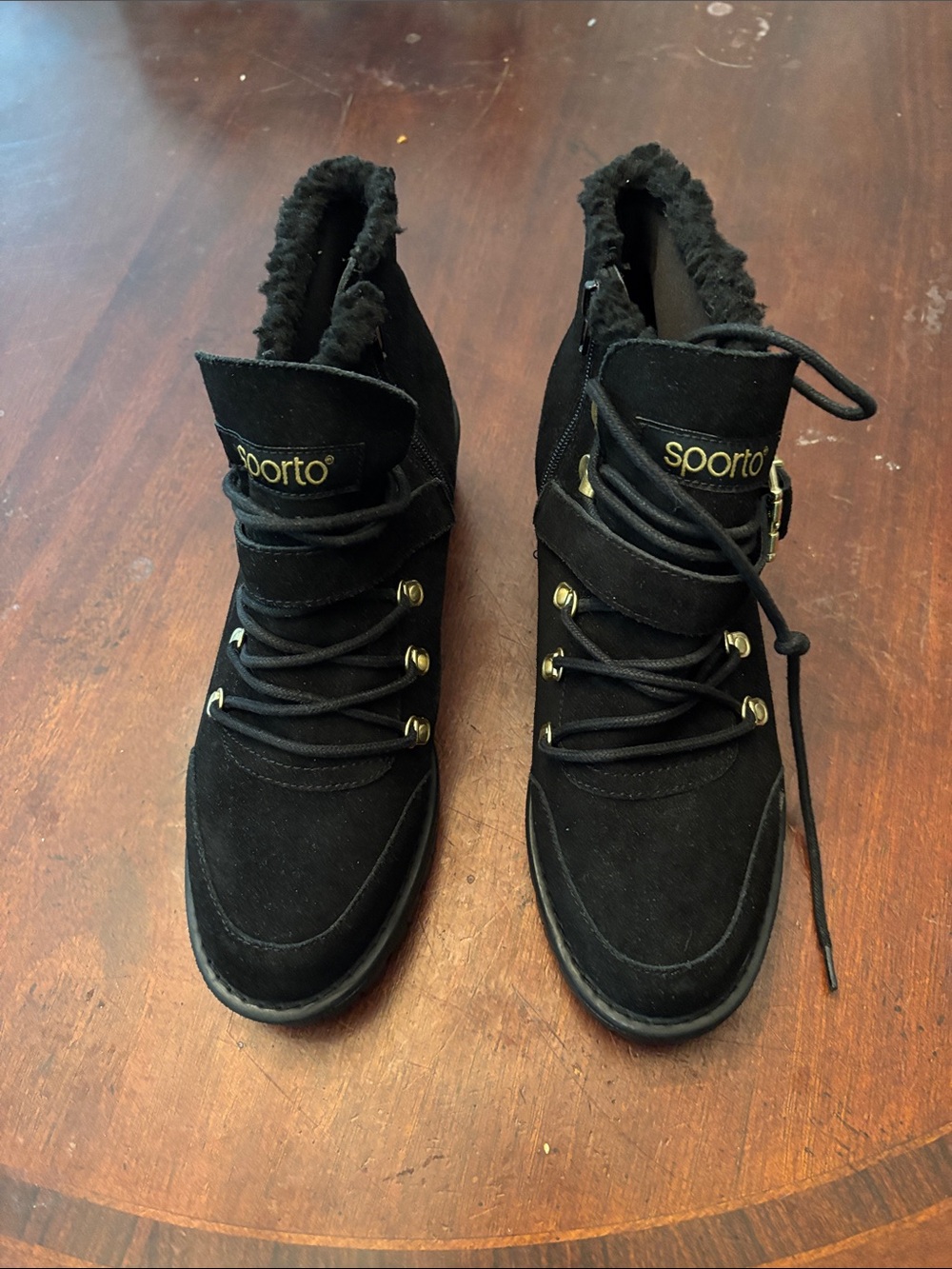 Sporto Black Suede Faux-Fur Lined Lace-Up Ankle Booties